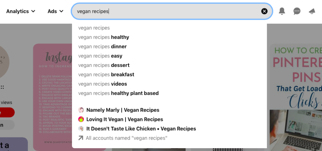 Pinterest search bar showing keyword results for the term vegan recipes