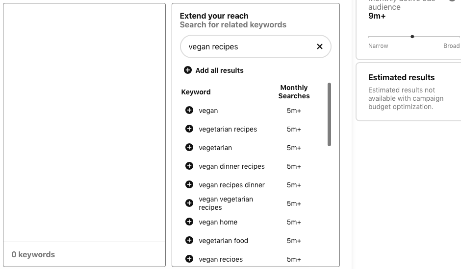 Pinterest ads keyword search tool showing search results for vegan recipes